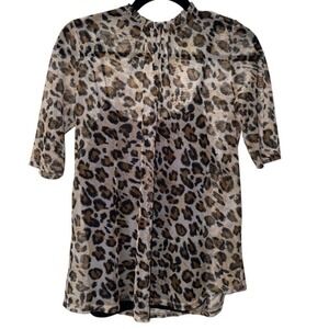 👚🐆 MONTEAU Anthropologie Sheer Leopard Mesh Blouse + Tank Lined | Women's L